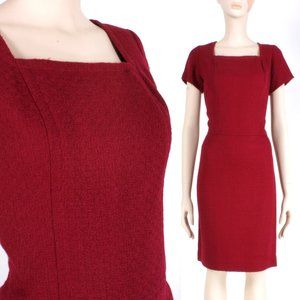 L XL Vintage 1950s Burgundy Red Woven Simple Sheath Knee Dress 50s 60s